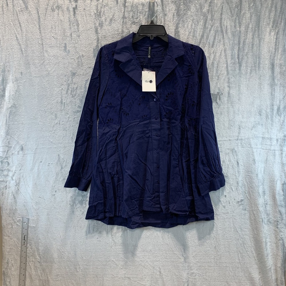 Raviya‎ Women's Swimsuit Cover Up Shirt S Navy Blue Eyelet Long Sleeve Button Up